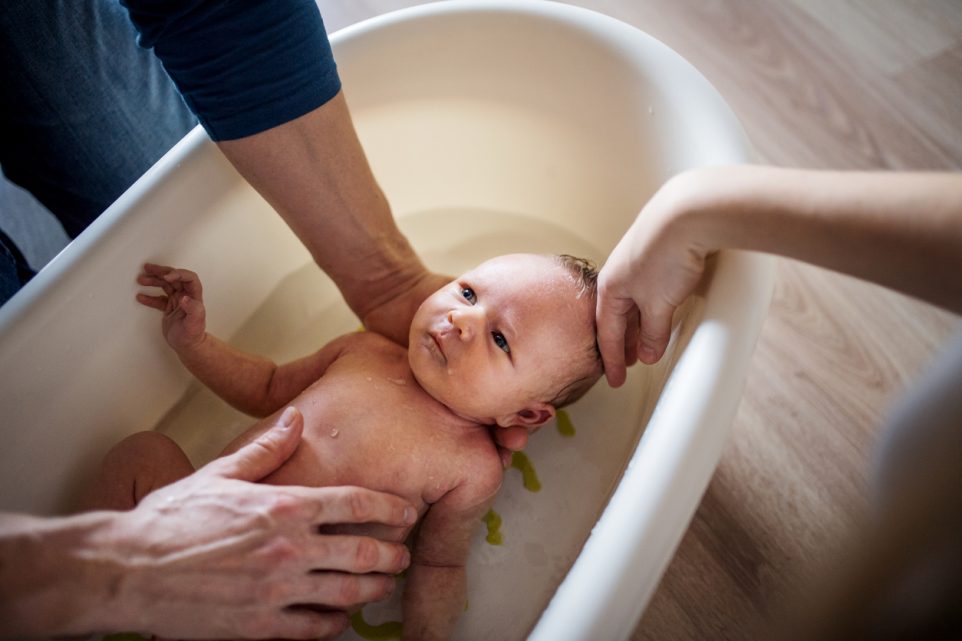 bathing a baby