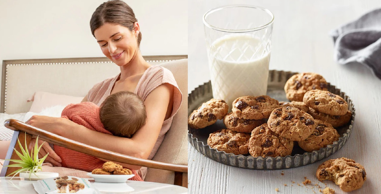 Split image: left, mom breastfeeding with a plate of Munchkin Cookies; right, a serving dish of Munchkin Cookies and a glass of milk.