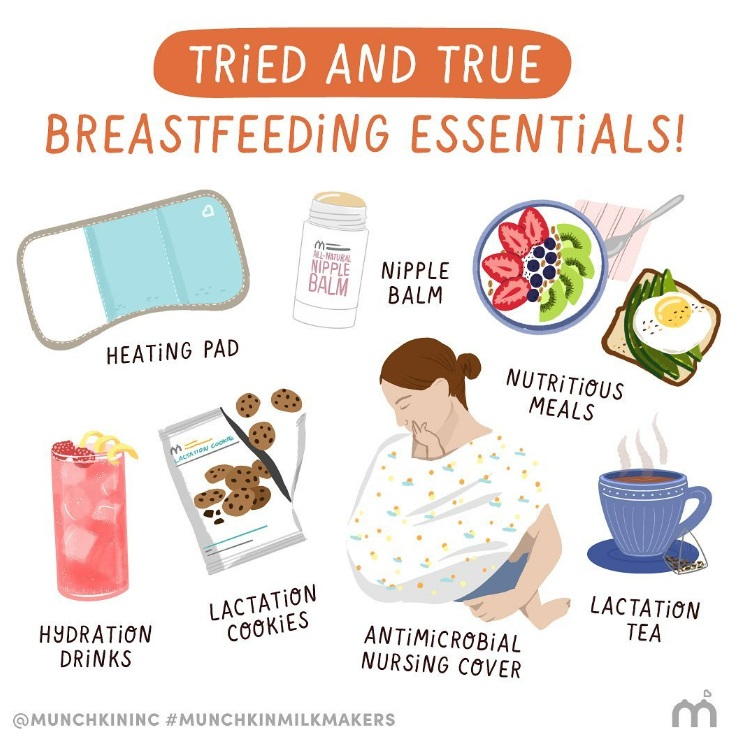 Image showing various breastfeeding essentials, including lactation cookies, lactation tea, healthy meals, a heating pad, and more.